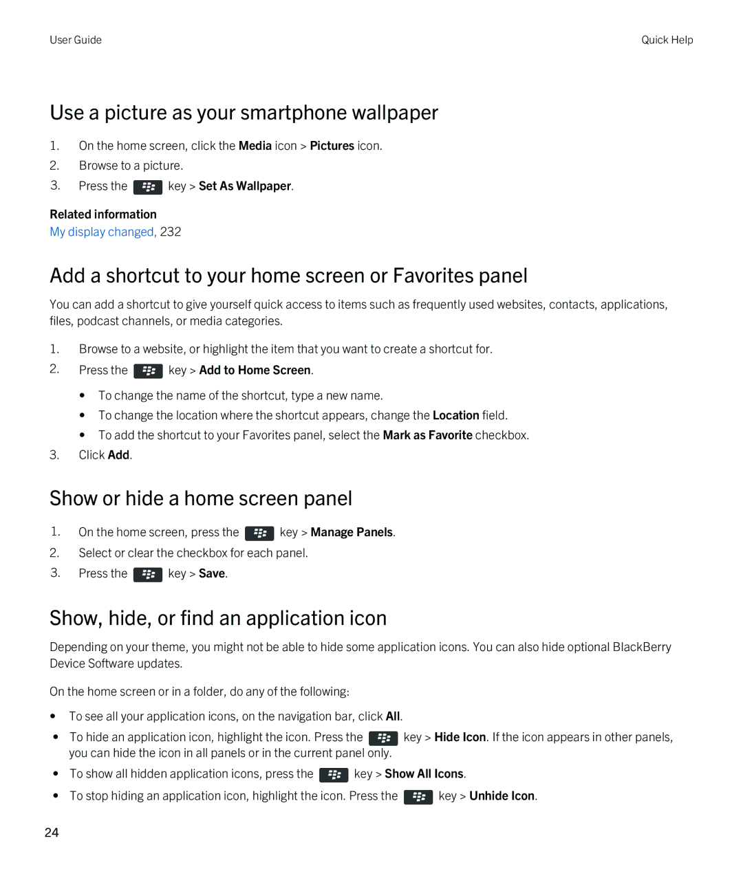 Blackberry 9790 manual Use a picture as your smartphone wallpaper, Add a shortcut to your home screen or Favorites panel 