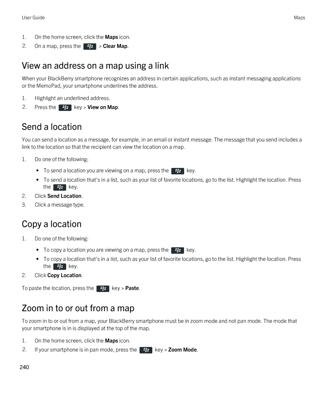 Blackberry 9790 View an address on a map using a link, Send a location, Copy a location, Zoom in to or out from a map 