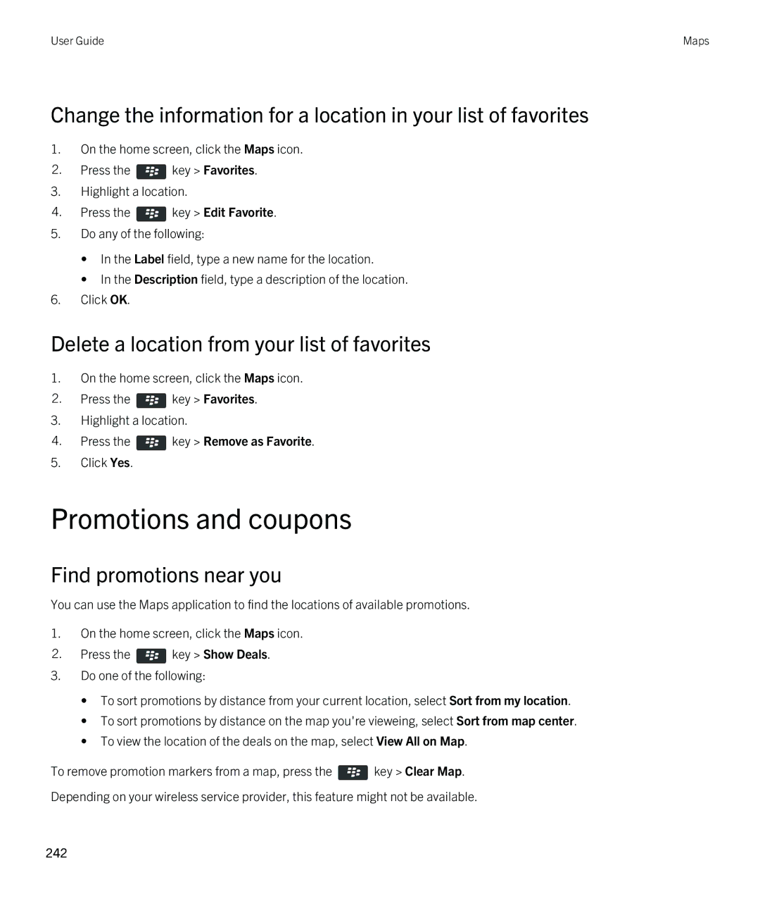 Blackberry 9790 manual Promotions and coupons, Delete a location from your list of favorites, Find promotions near you 