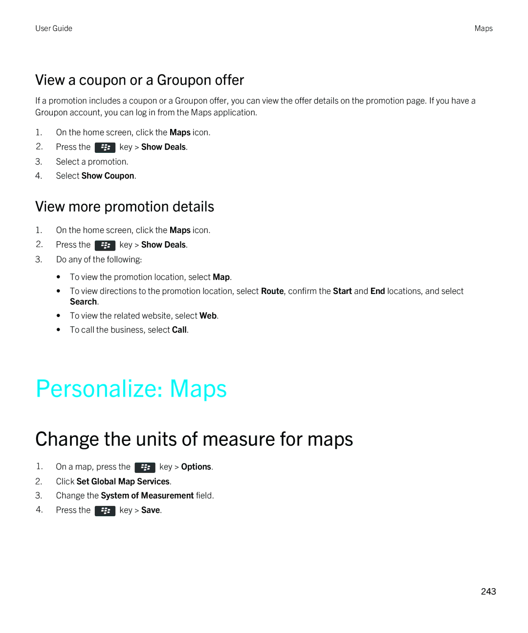 Blackberry 9790 manual Personalize Maps, Change the units of measure for maps, View a coupon or a Groupon offer 