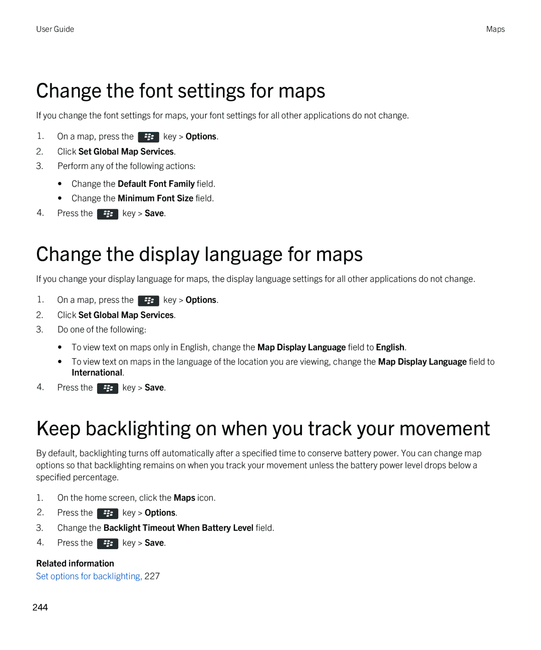 Blackberry 9790 Change the font settings for maps, Change the display language for maps, Click Set Global Map Services 