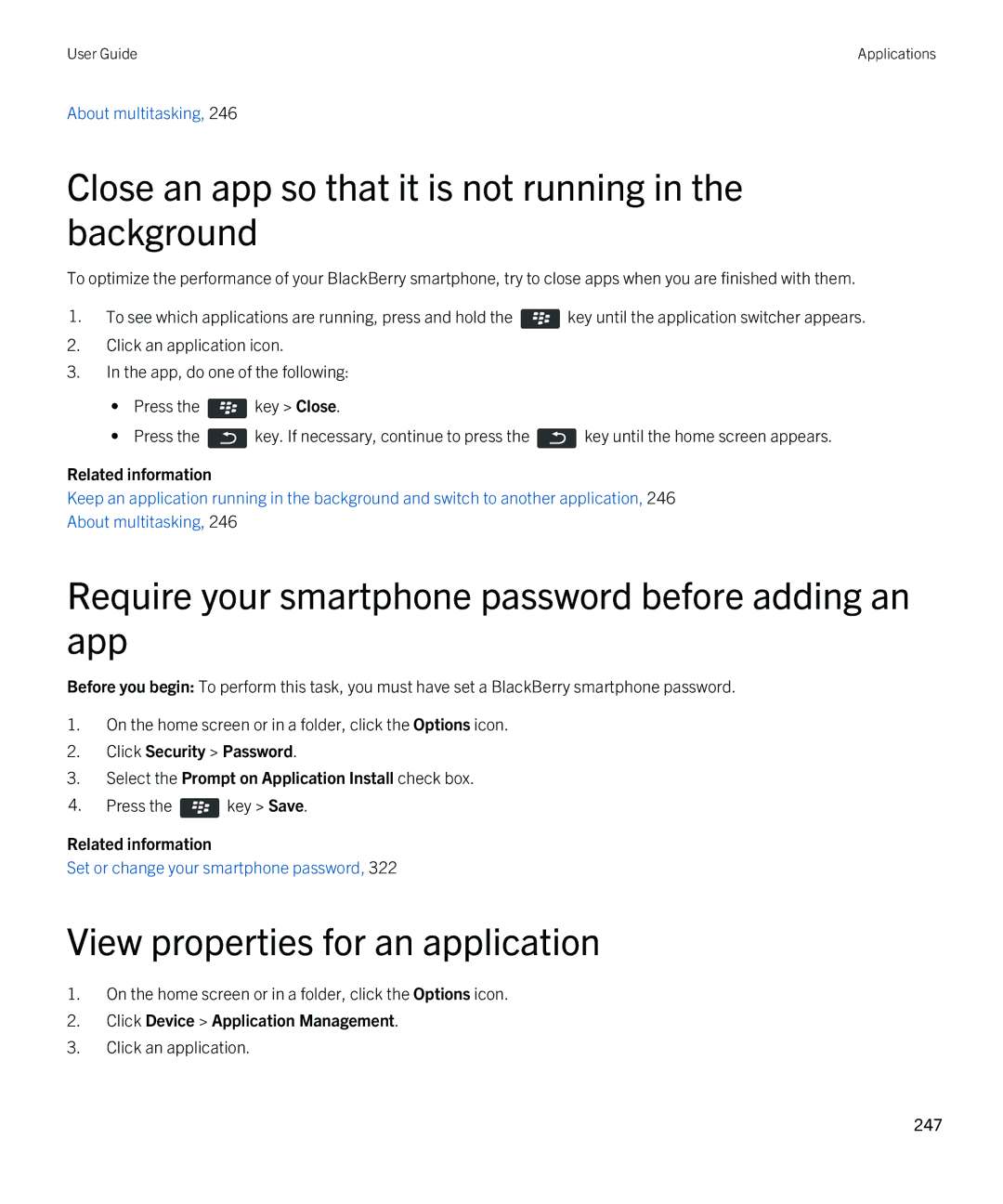 Blackberry 9790 manual Close an app so that it is not running in the background, View properties for an application 