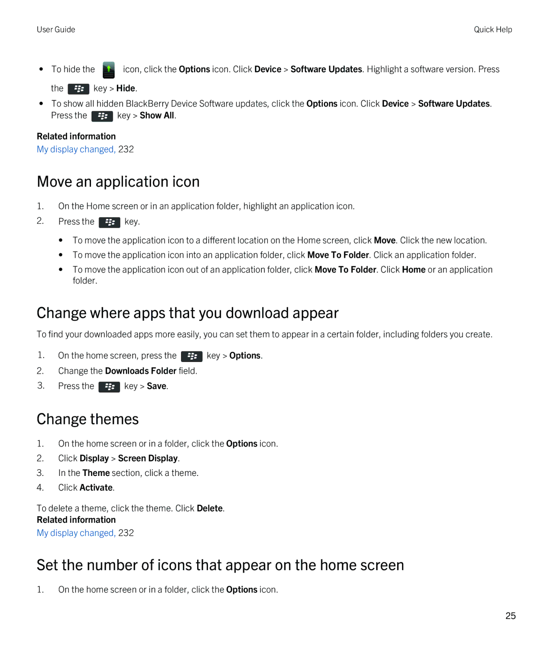 Blackberry 9790 manual Move an application icon, Change where apps that you download appear, Change themes 