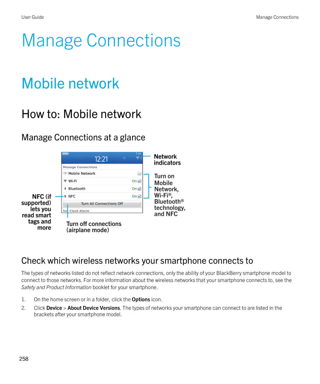 Blackberry 9790 manual Manage Connections, How to Mobile network 