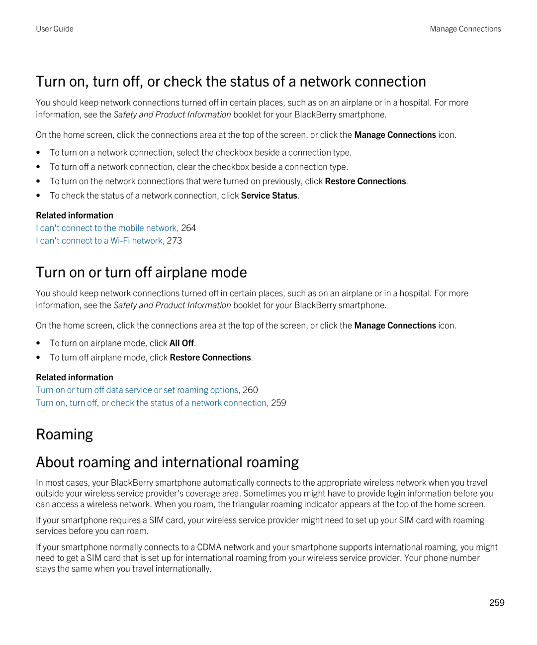 Blackberry 9790 manual Turn on or turn off airplane mode, Roaming About roaming and international roaming 