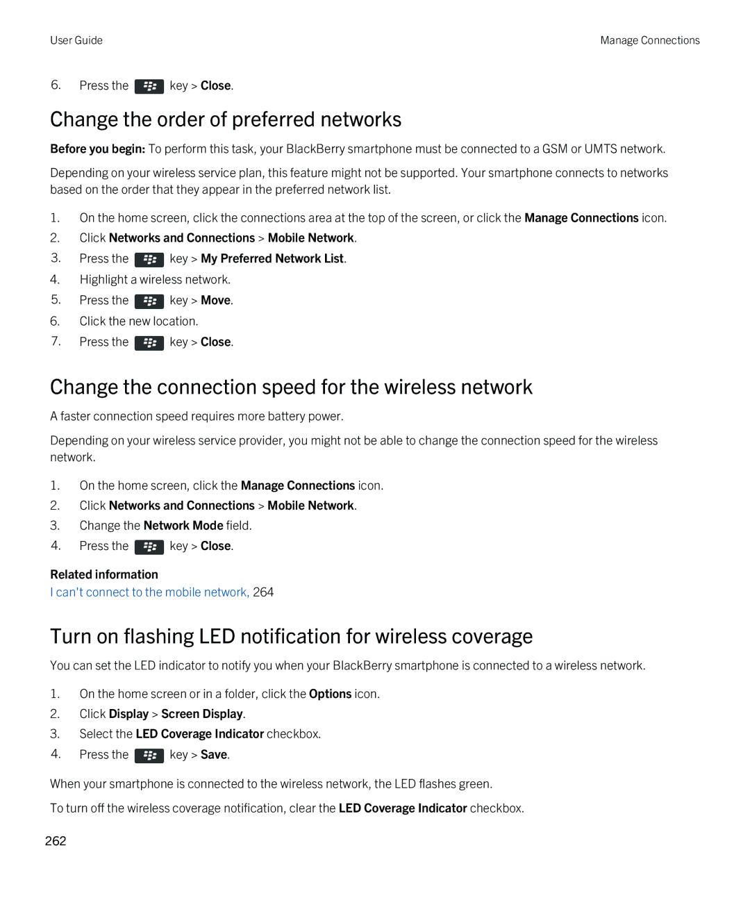 Blackberry 9790 manual Change the order of preferred networks, Change the connection speed for the wireless network 