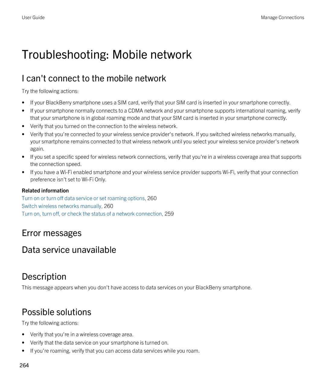 Blackberry 9790 manual Troubleshooting Mobile network, Cant connect to the mobile network, Possible solutions 