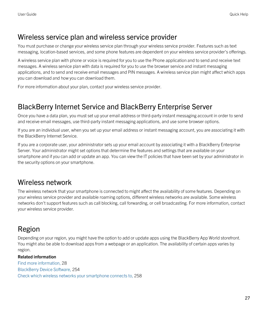 Blackberry 9790 manual Wireless service plan and wireless service provider, Wireless network, Region 