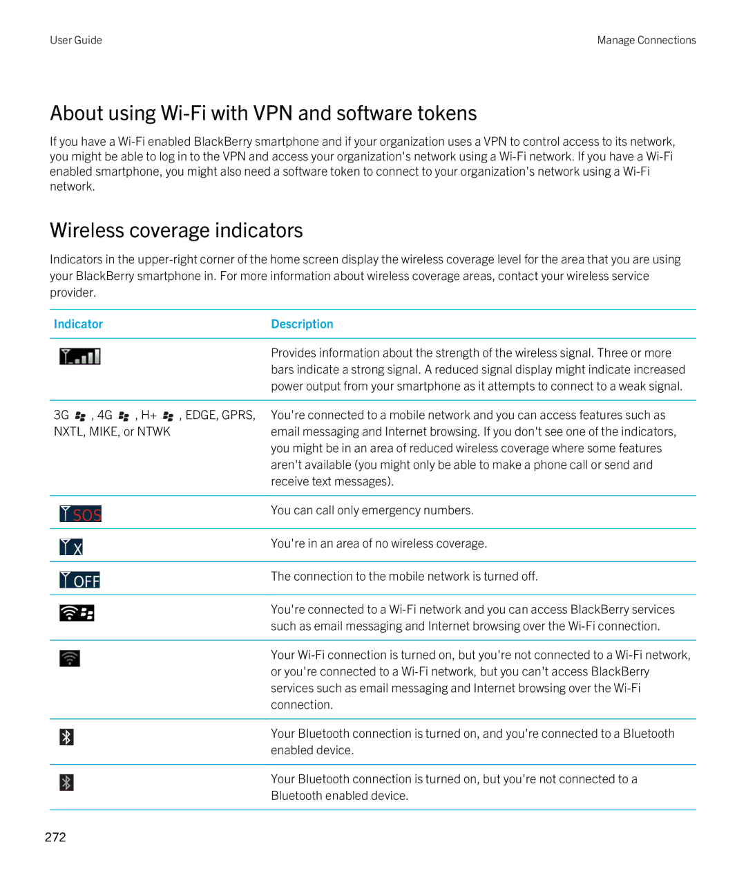 Blackberry 9790 manual About using Wi-Fi with VPN and software tokens, Wireless coverage indicators 