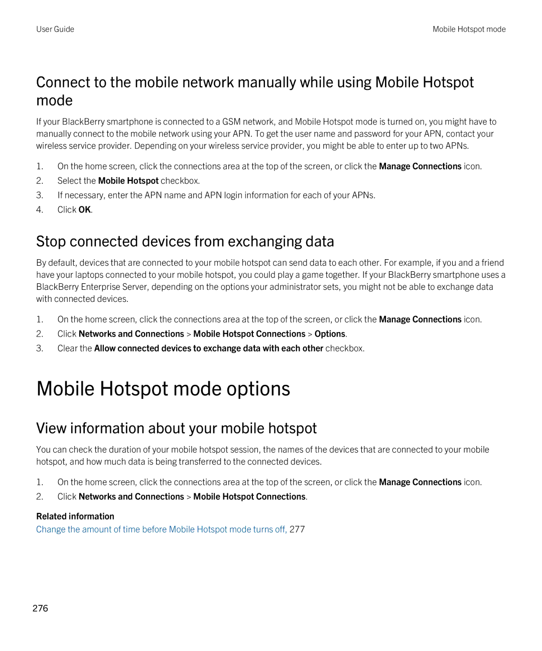 Blackberry 9790 manual Mobile Hotspot mode options, Stop connected devices from exchanging data 