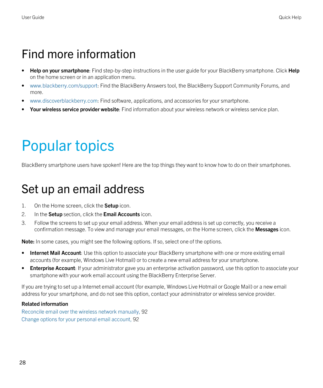 Blackberry 9790 manual Popular topics, Find more information, Set up an email address 