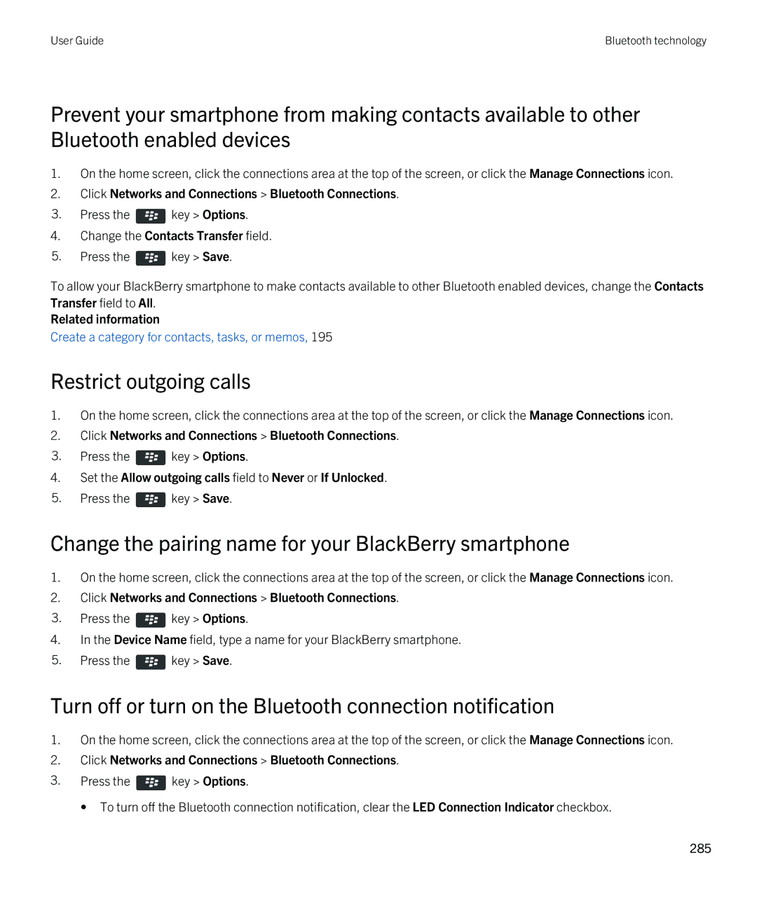 Blackberry 9790 manual Restrict outgoing calls, Change the pairing name for your BlackBerry smartphone 