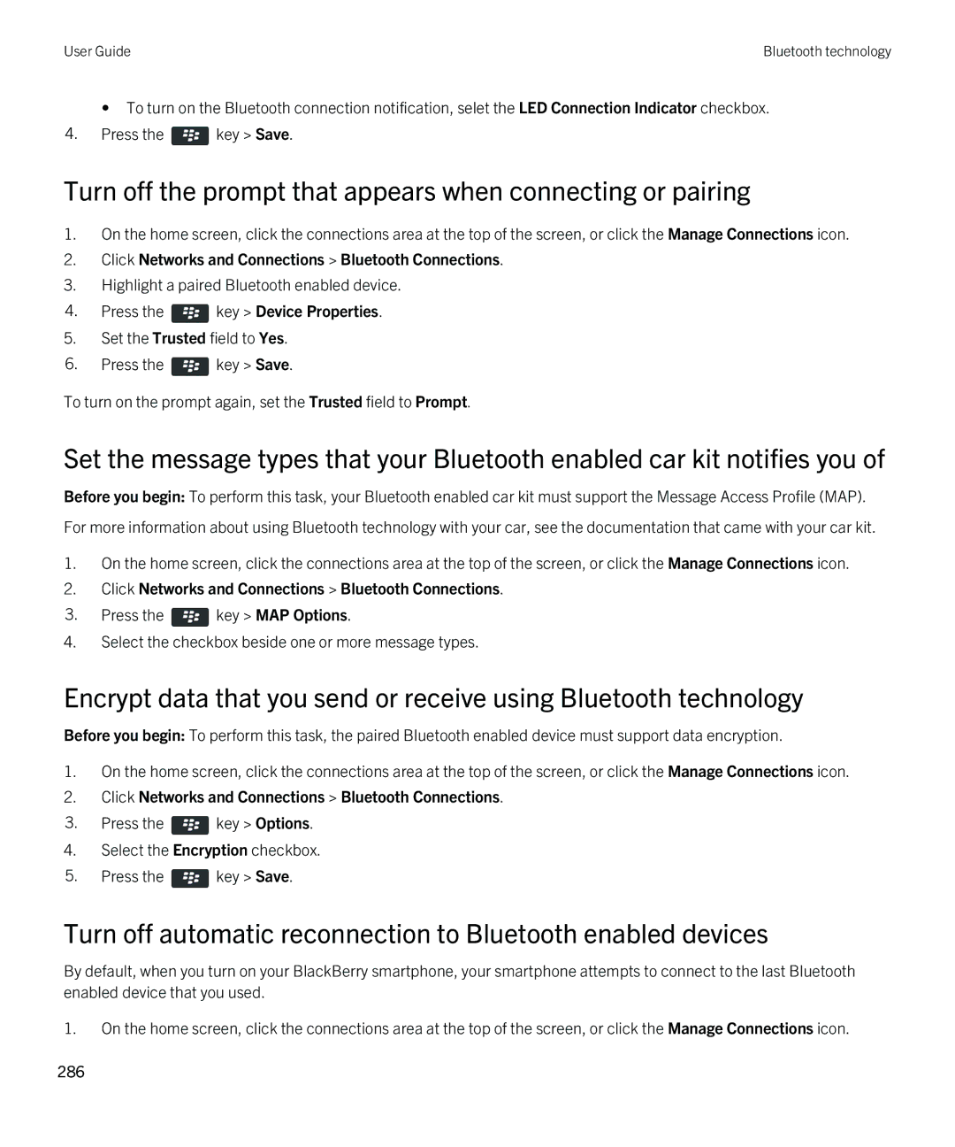 Blackberry 9790 manual Turn off the prompt that appears when connecting or pairing 