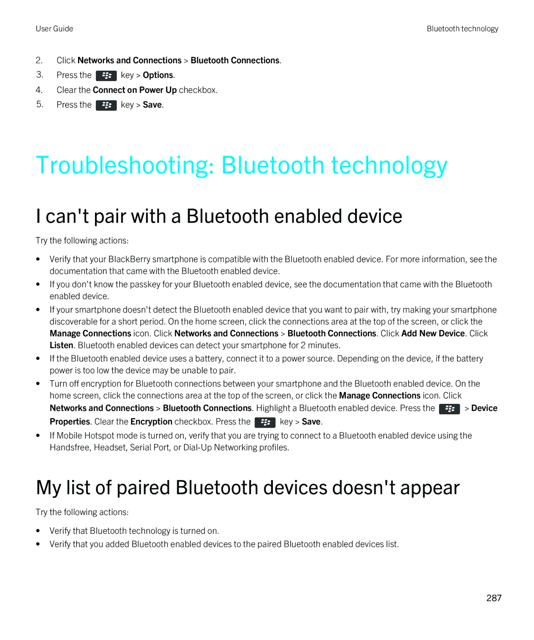 Blackberry 9790 manual Troubleshooting Bluetooth technology, My list of paired Bluetooth devices doesnt appear 