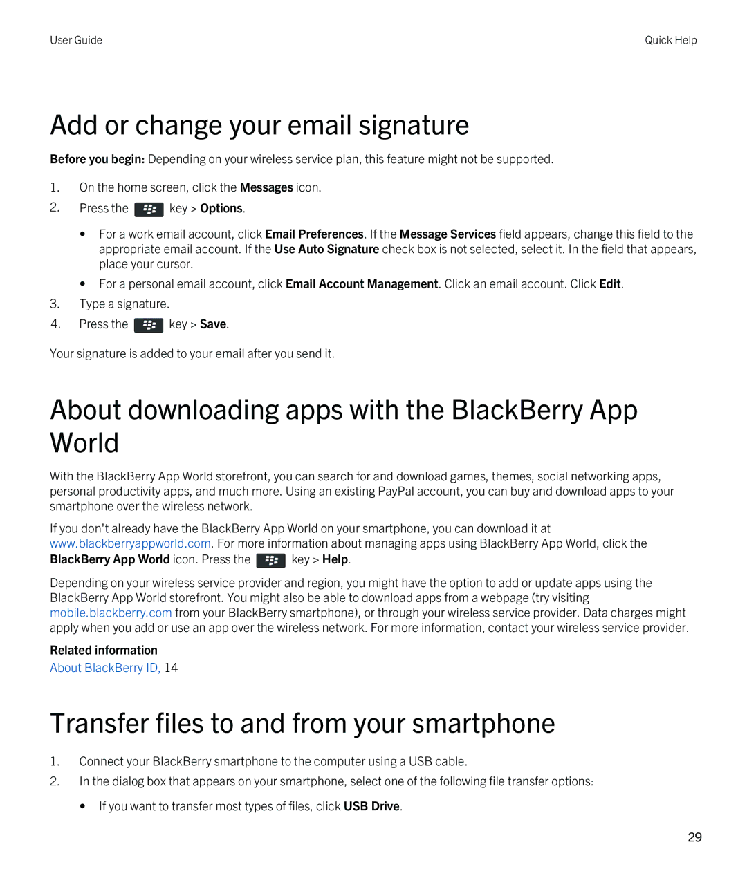 Blackberry 9790 manual Add or change your email signature, About downloading apps with the BlackBerry App World 