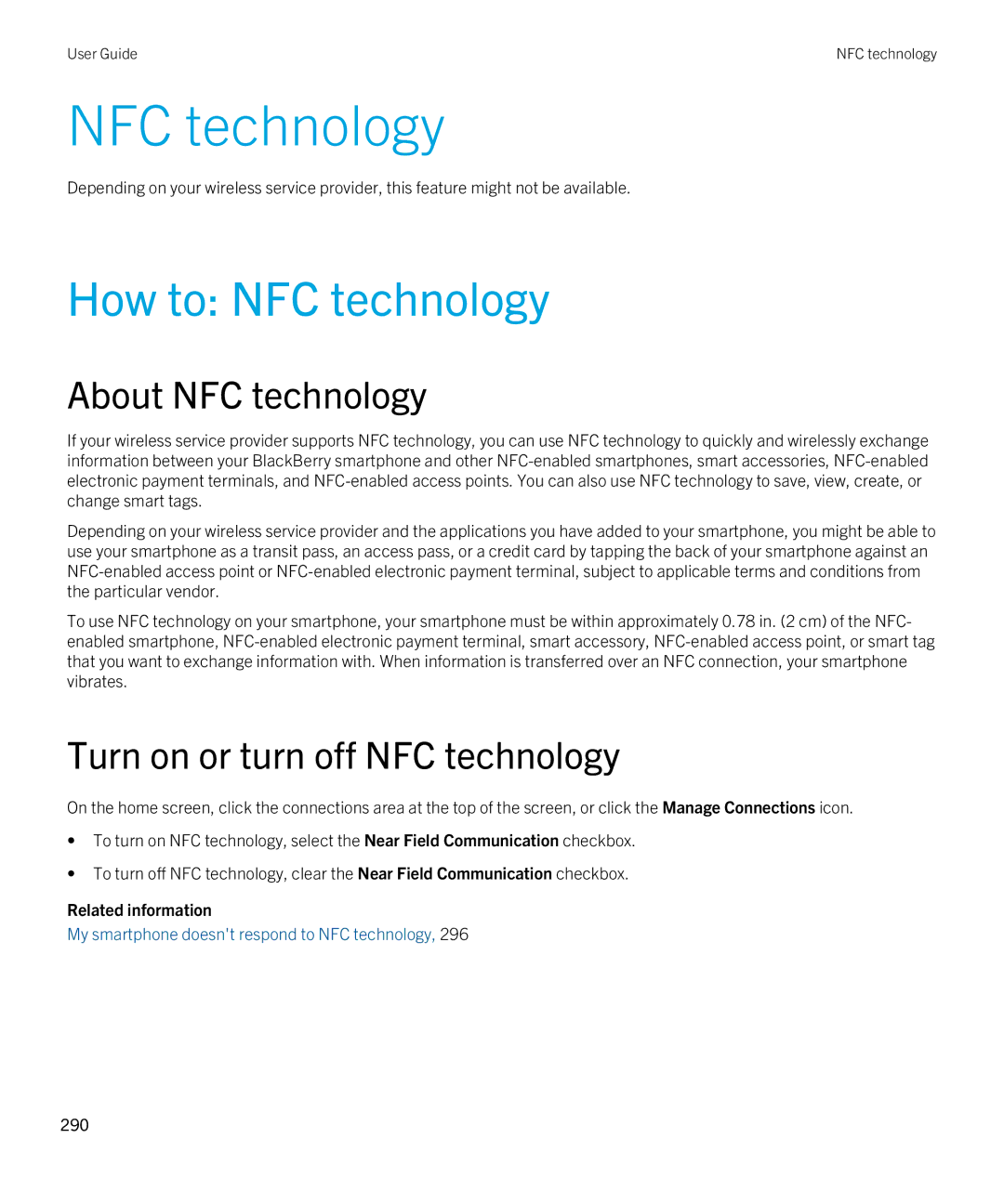 Blackberry 9790 manual How to NFC technology, About NFC technology, Turn on or turn off NFC technology 