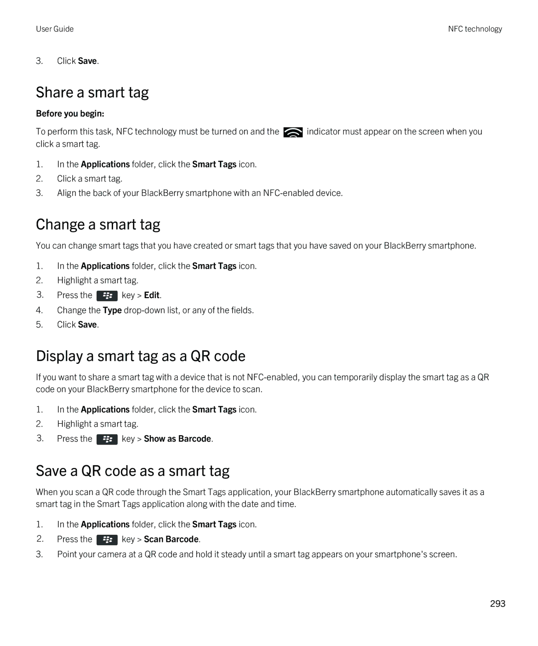 Blackberry 9790 Share a smart tag, Change a smart tag, Display a smart tag as a QR code, Save a QR code as a smart tag 