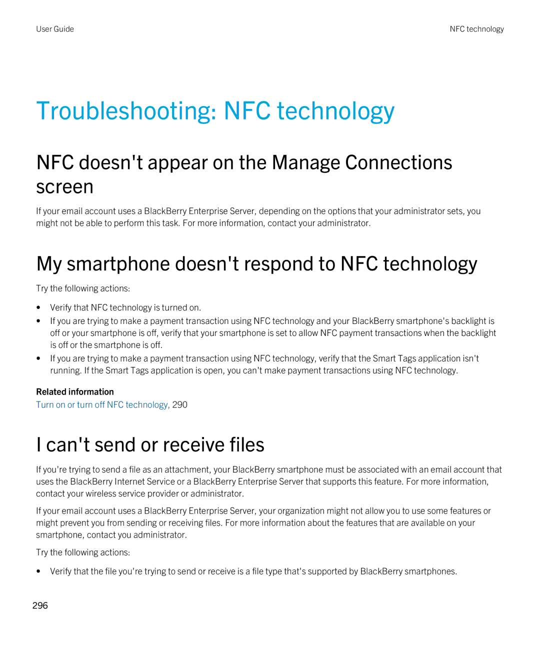 Blackberry 9790 manual Troubleshooting NFC technology, NFC doesnt appear on the Manage Connections screen 