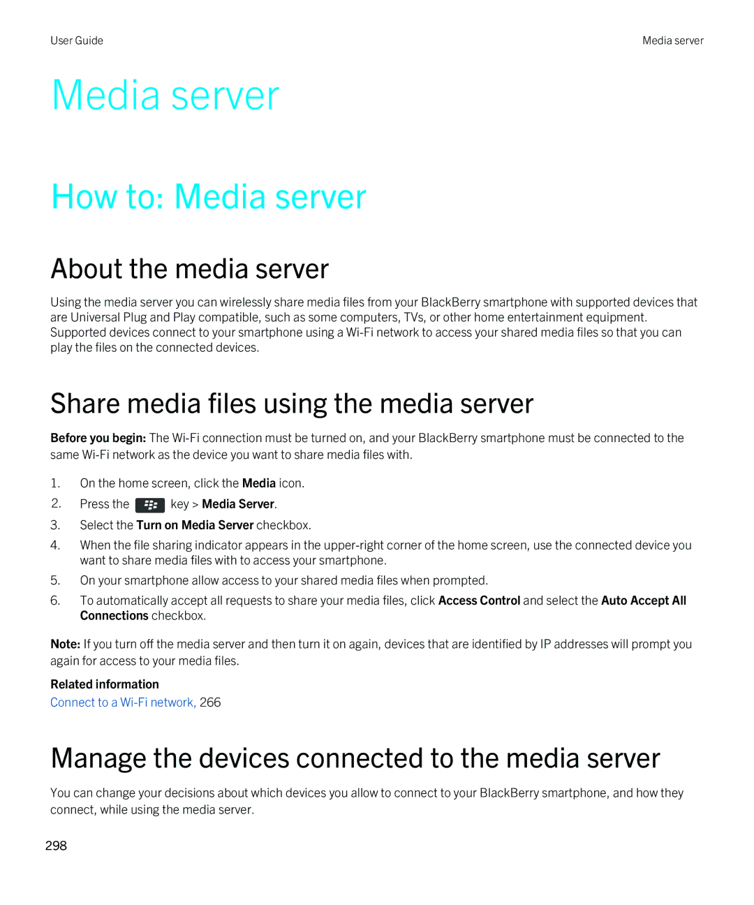 Blackberry 9790 manual How to Media server, About the media server, Share media files using the media server 