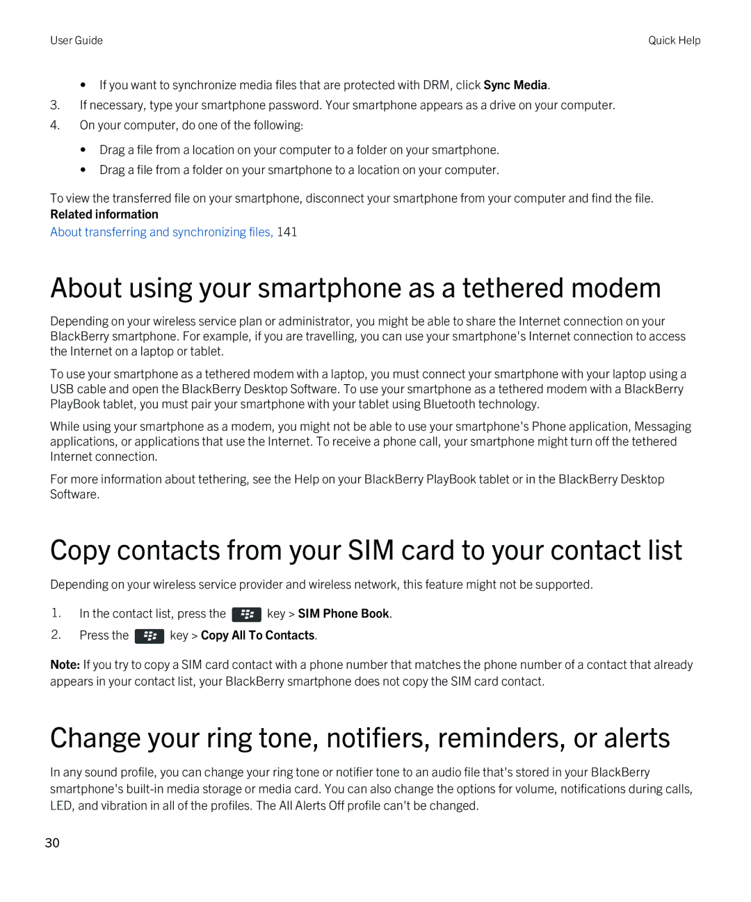 Blackberry 9790 About using your smartphone as a tethered modem, Copy contacts from your SIM card to your contact list 