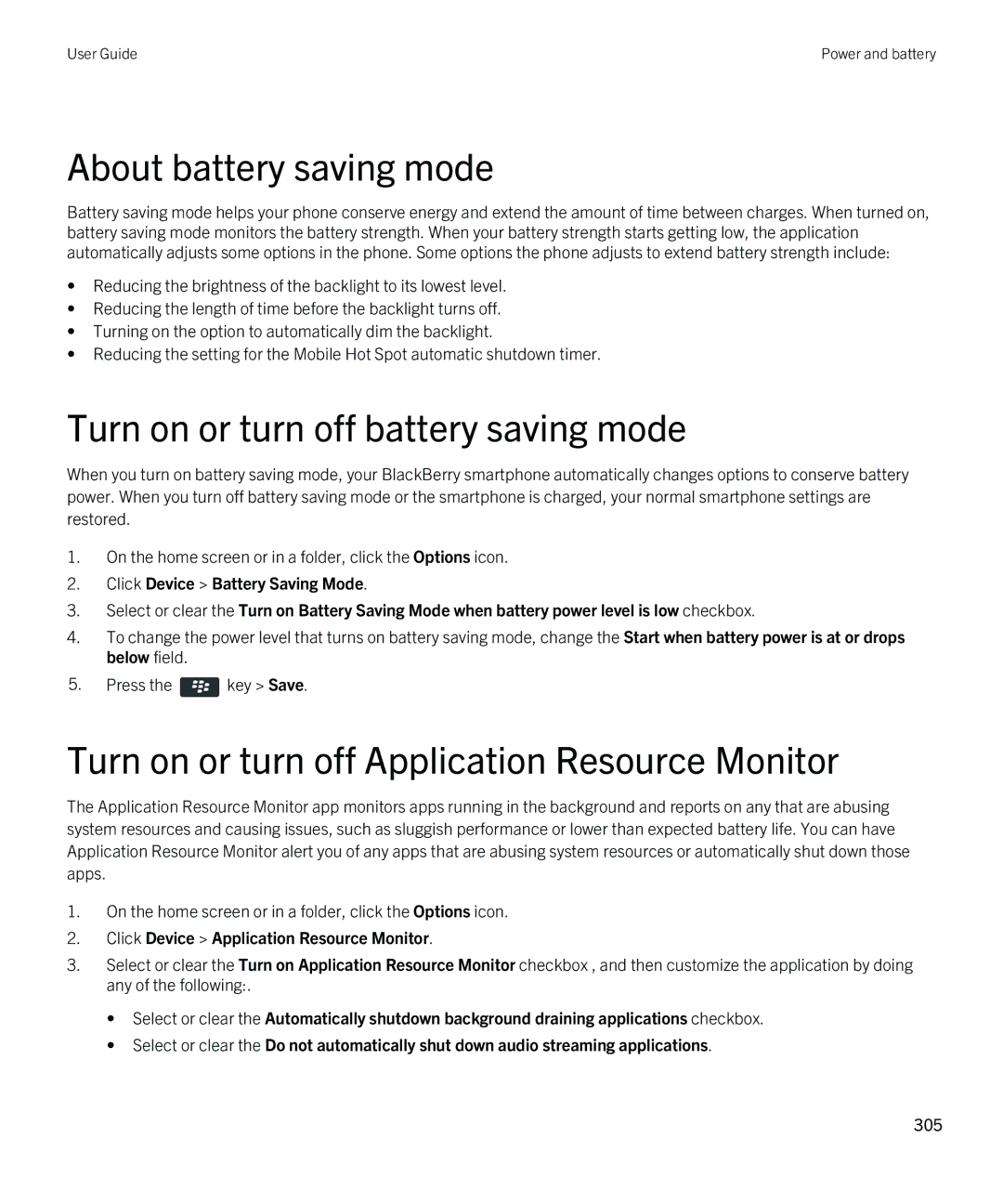 Blackberry 9790 manual About battery saving mode, Turn on or turn off battery saving mode 