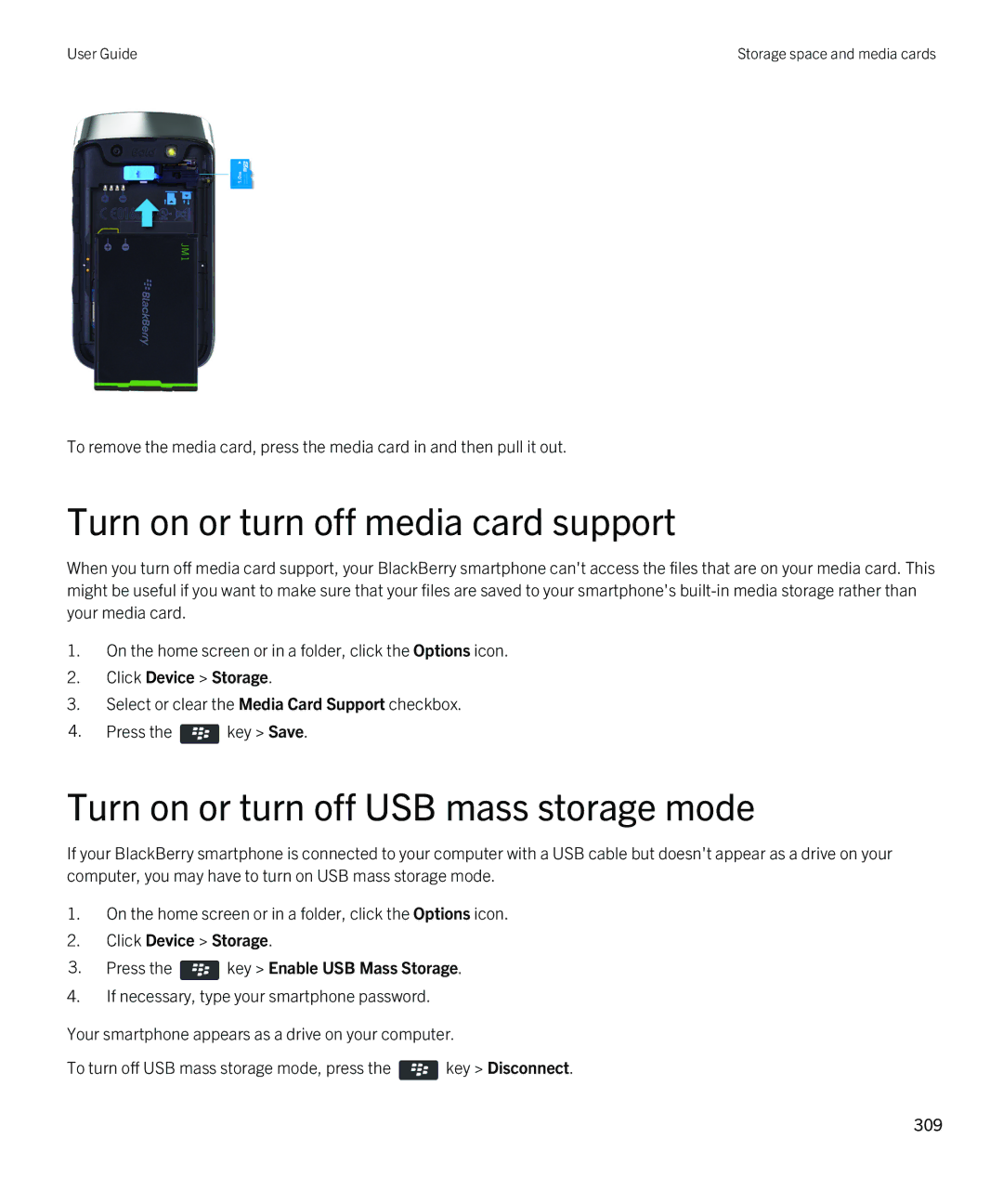 Blackberry 9790 manual Turn on or turn off media card support, Turn on or turn off USB mass storage mode 