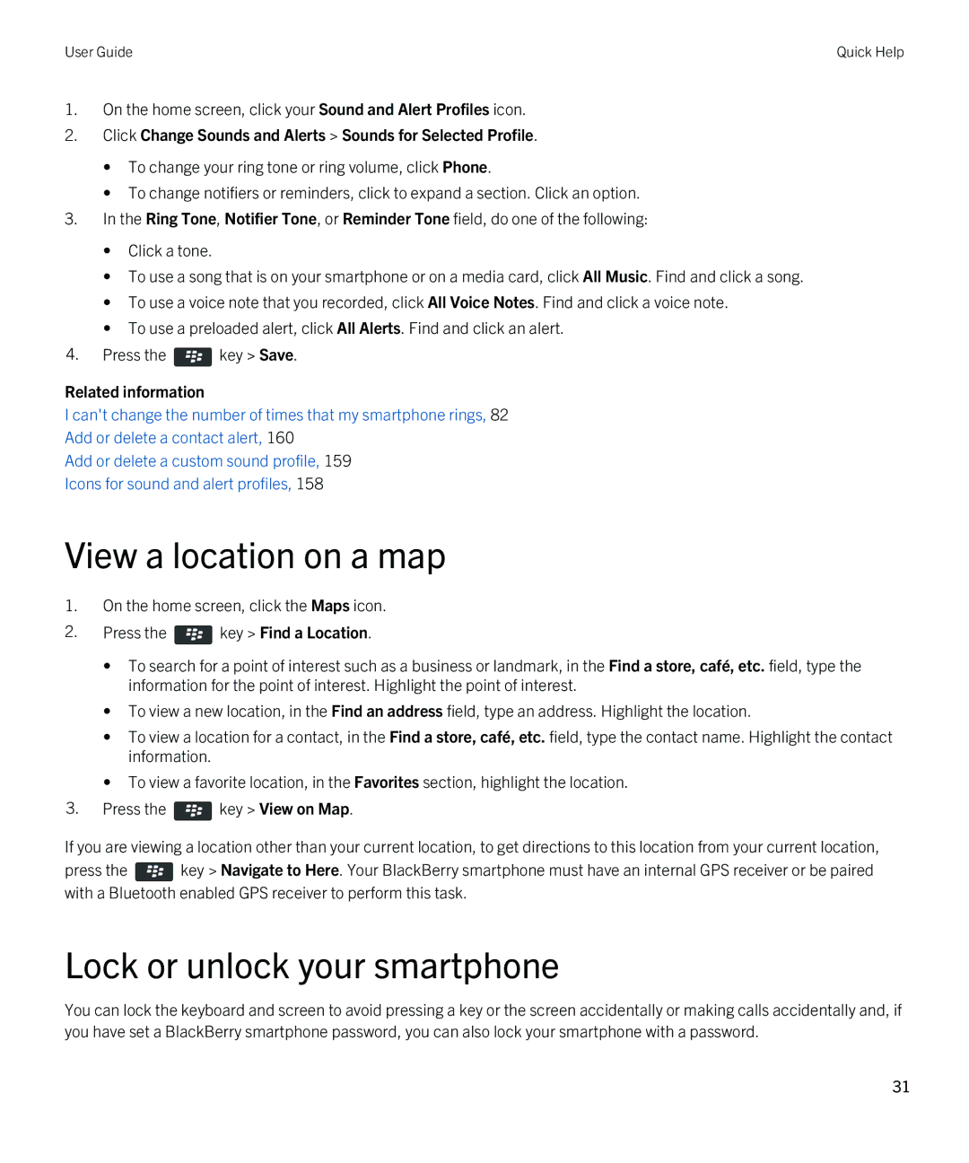 Blackberry 9790 manual View a location on a map, Lock or unlock your smartphone 