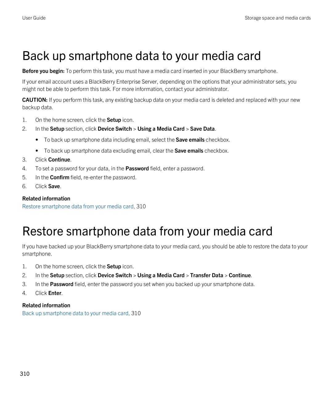 Blackberry 9790 Back up smartphone data to your media card, Restore smartphone data from your media card, Click Continue 