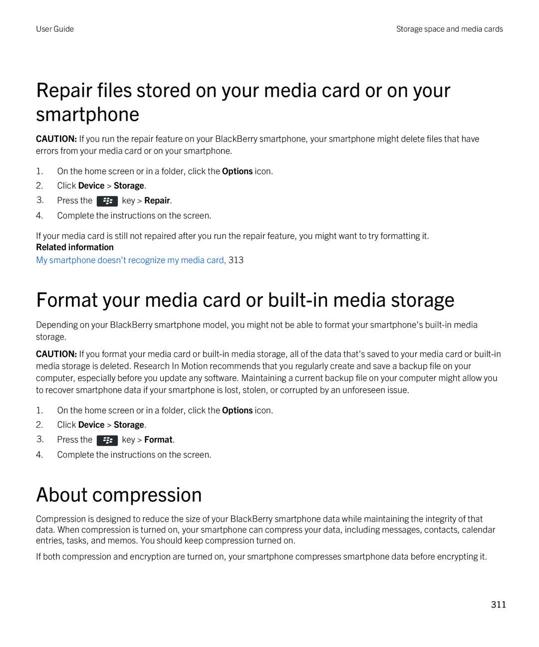 Blackberry 9790 manual Format your media card or built-in media storage, About compression 