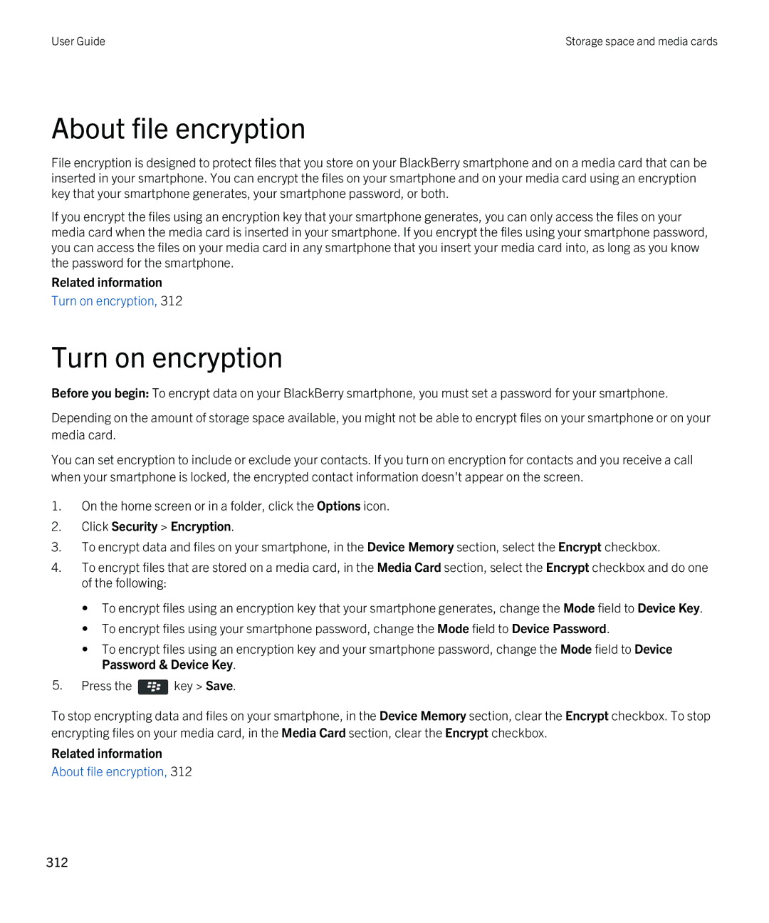 Blackberry 9790 manual About file encryption, Turn on encryption 