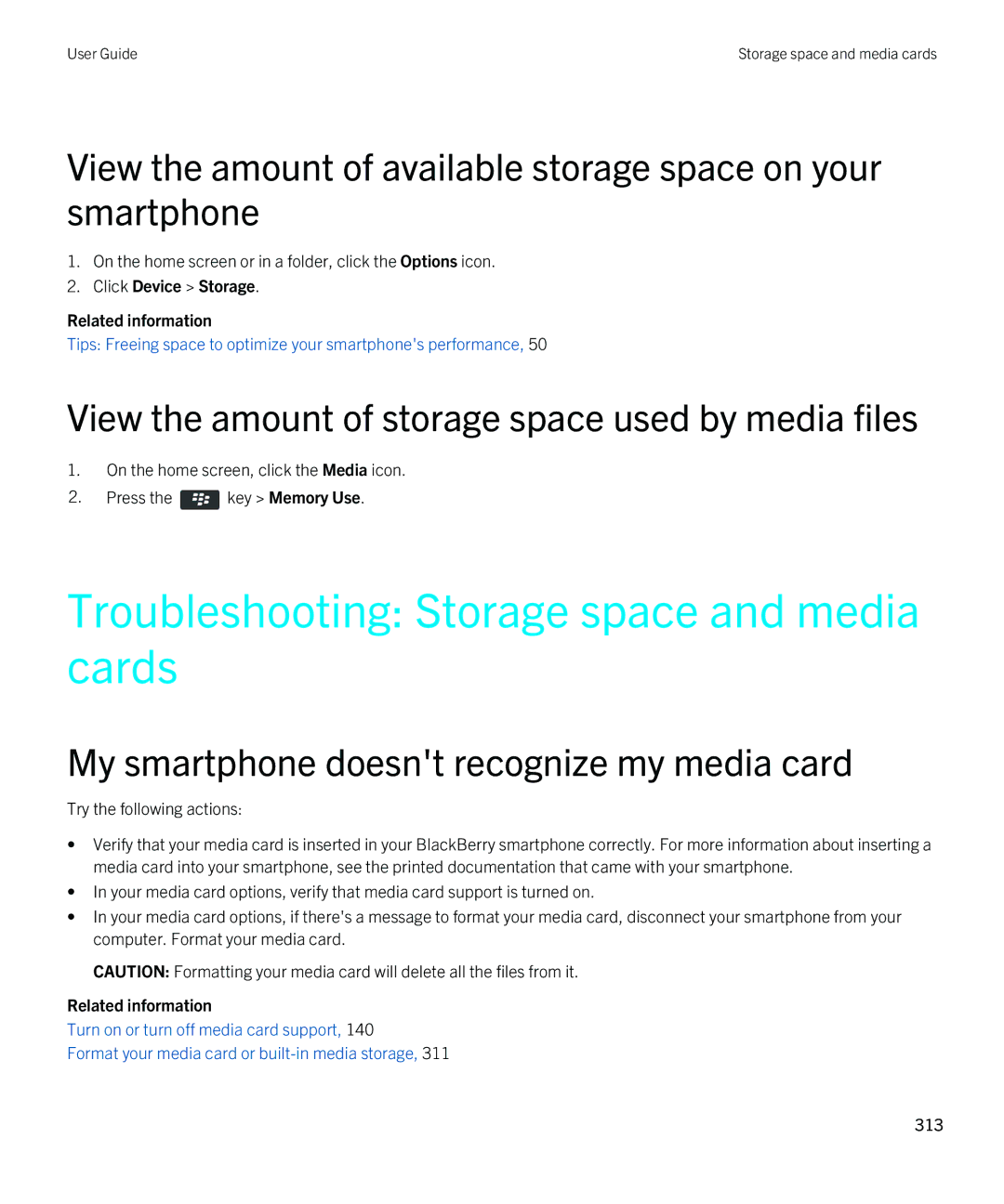 Blackberry 9790 manual Troubleshooting Storage space and media cards, View the amount of storage space used by media files 