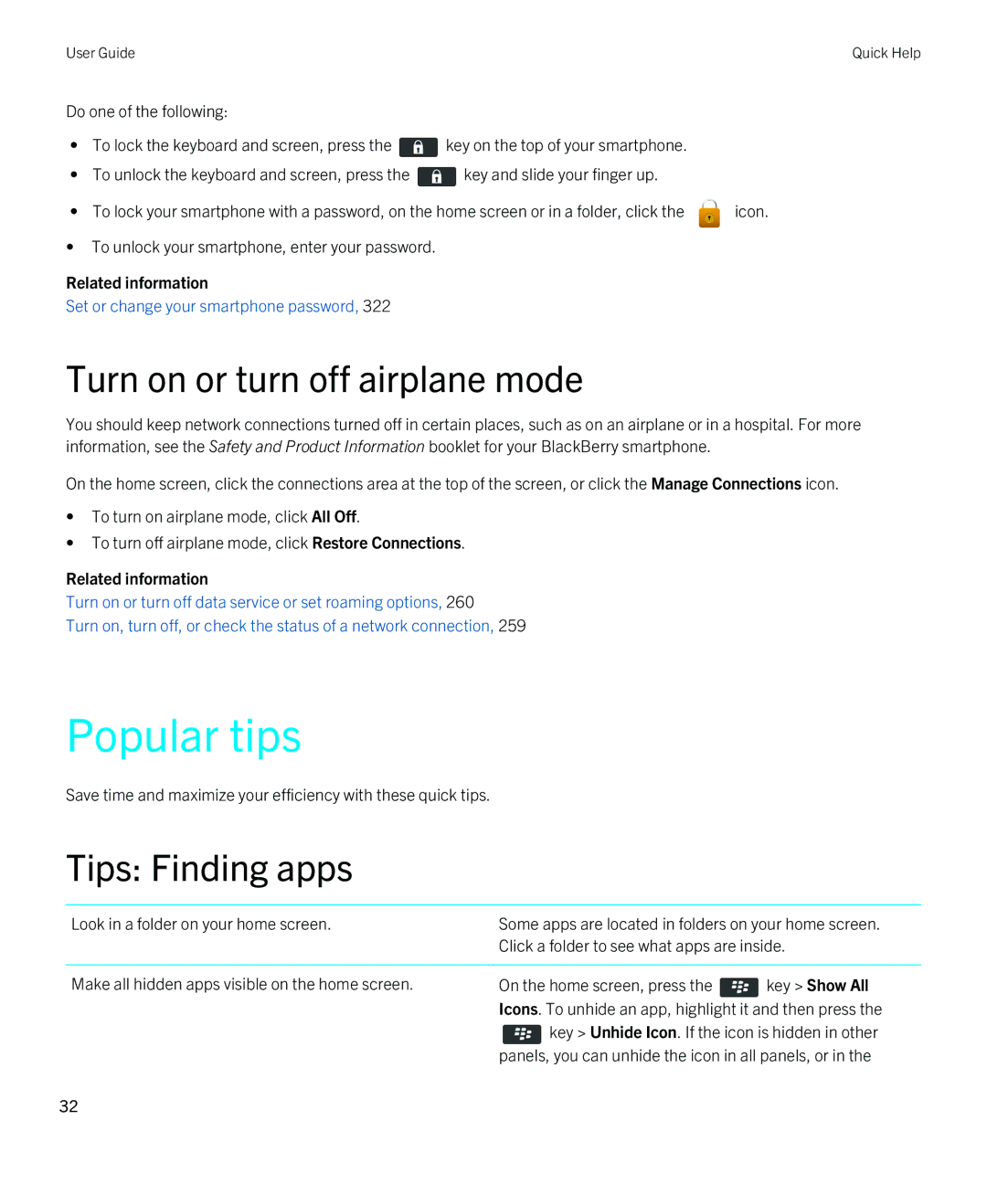 Blackberry 9790 manual Popular tips, Turn on or turn off airplane mode, Tips Finding apps 