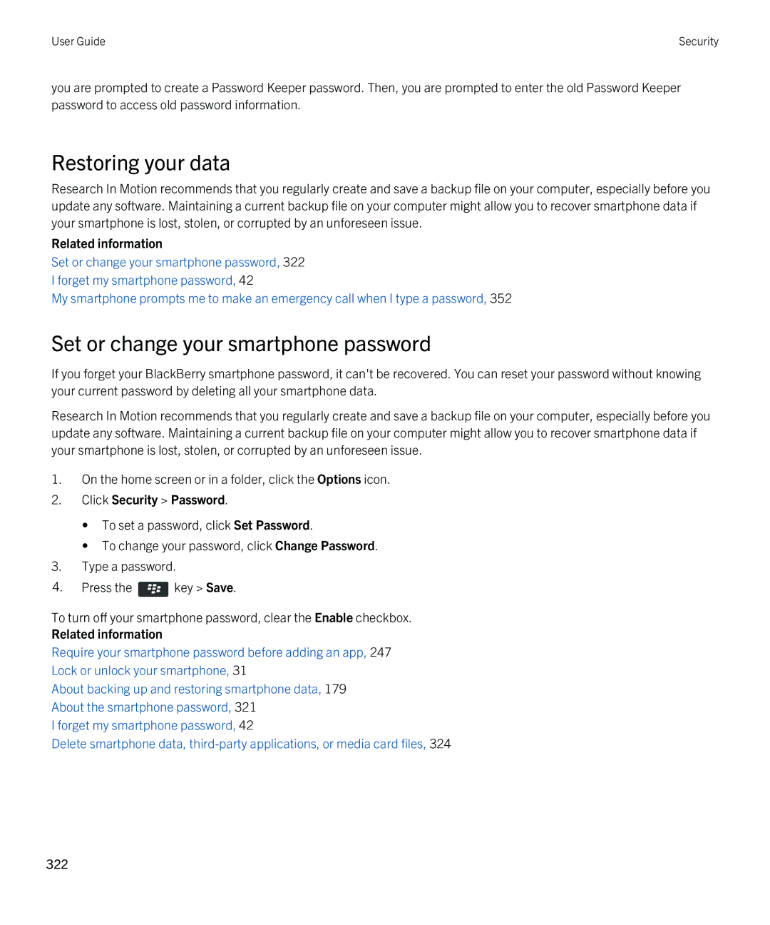 Blackberry 9790 manual Restoring your data, Set or change your smartphone password 