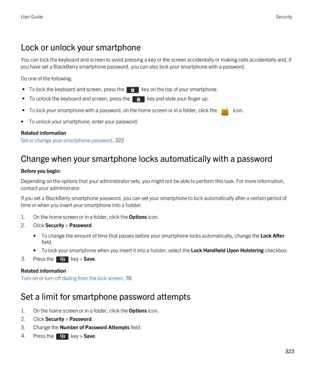 Blackberry 9790 manual Lock or unlock your smartphone, Set a limit for smartphone password attempts 