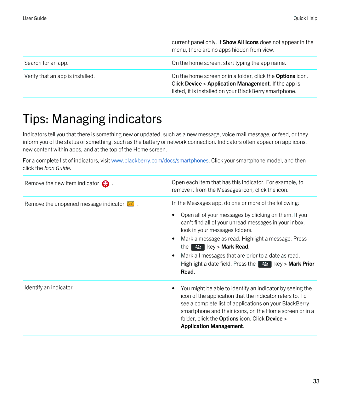 Blackberry 9790 manual Tips Managing indicators 