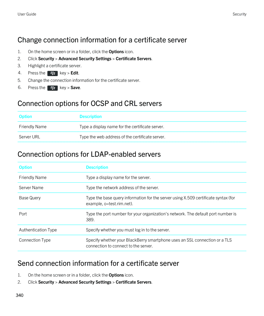 Blackberry 9790 manual Change connection information for a certificate server, Connection options for Ocsp and CRL servers 