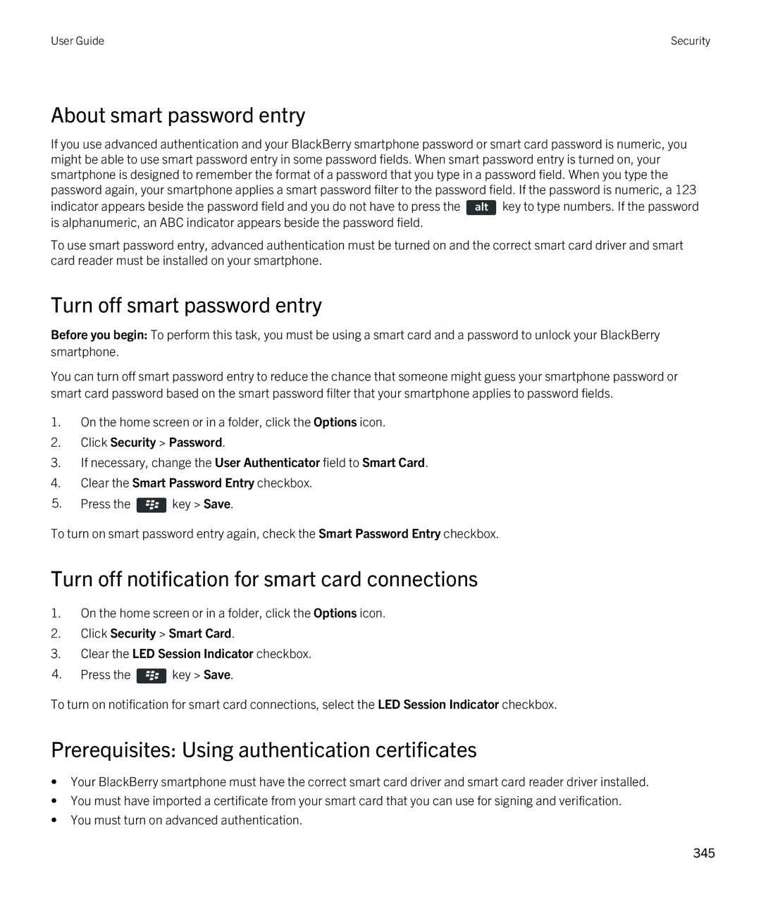 Blackberry 9790 About smart password entry, Turn off smart password entry, Prerequisites Using authentication certificates 