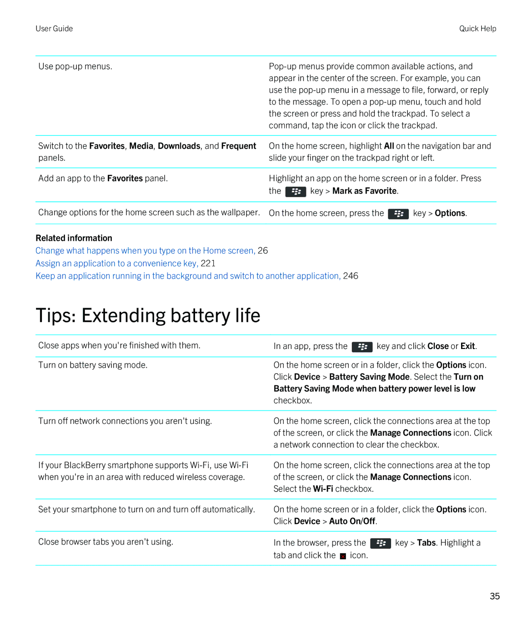 Blackberry 9790 Tips Extending battery life, Key Mark as Favorite, Battery Saving Mode when battery power level is low 