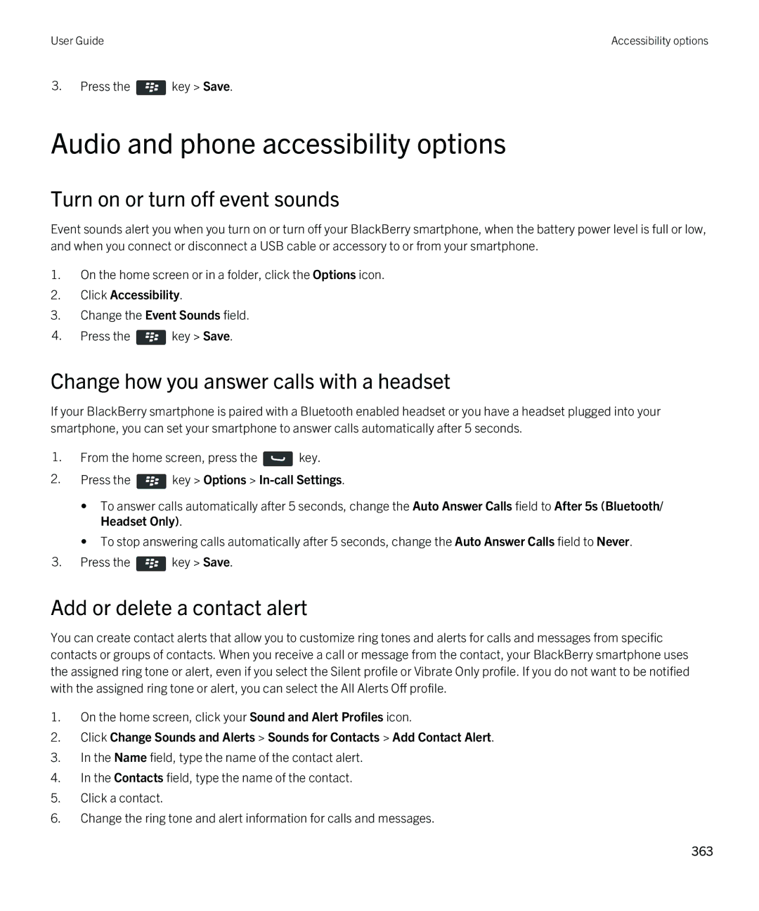 Blackberry 9790 Audio and phone accessibility options, Turn on or turn off event sounds, Add or delete a contact alert 