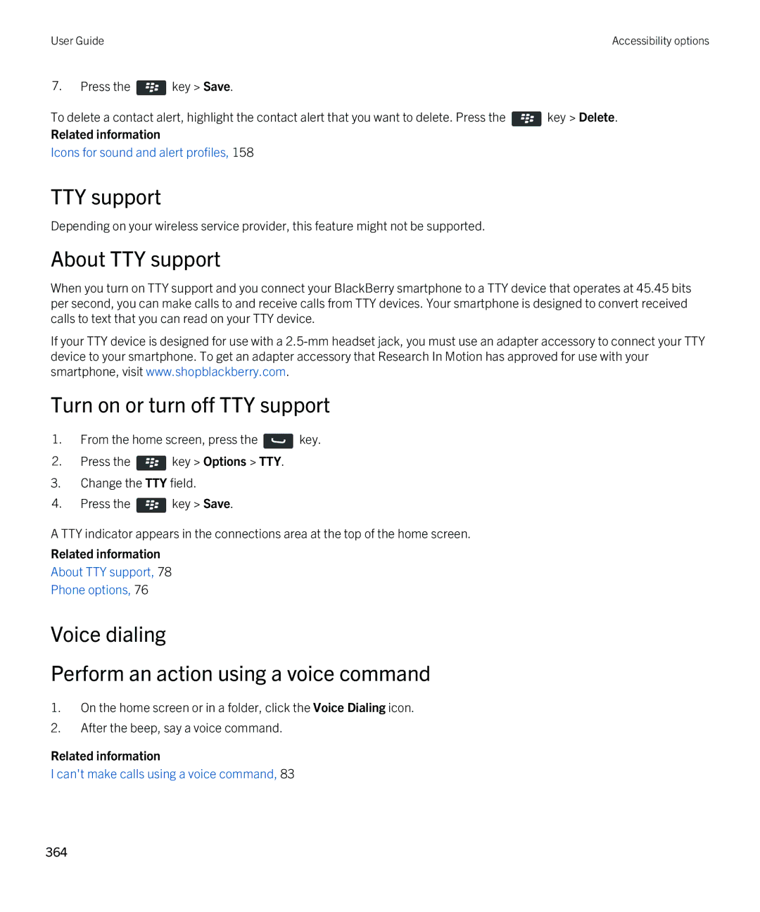 Blackberry 9790 manual TTY support, Voice dialing Perform an action using a voice command 