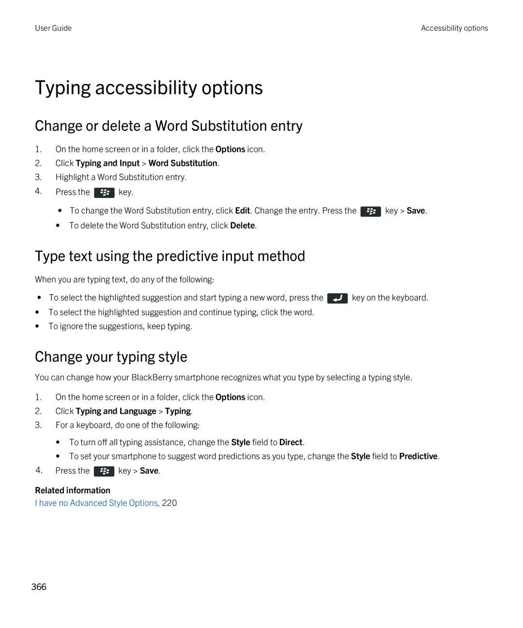 Blackberry 9790 manual Typing accessibility options, Click Typing and Input Word Substitution 