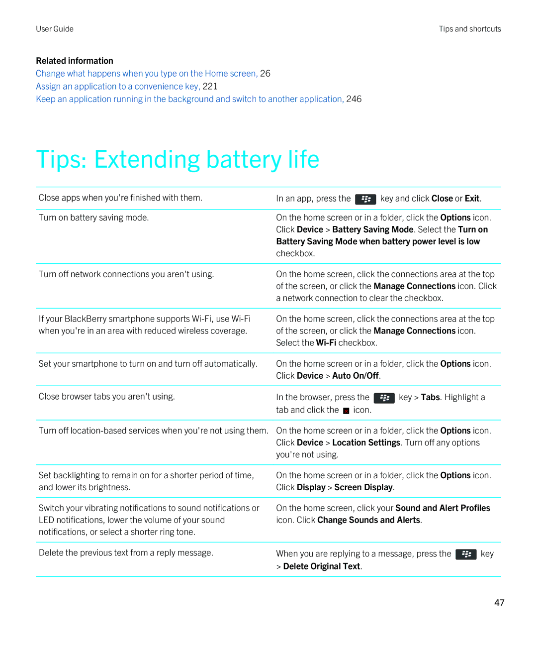 Blackberry 9790 manual Tips Extending battery life, Related information 