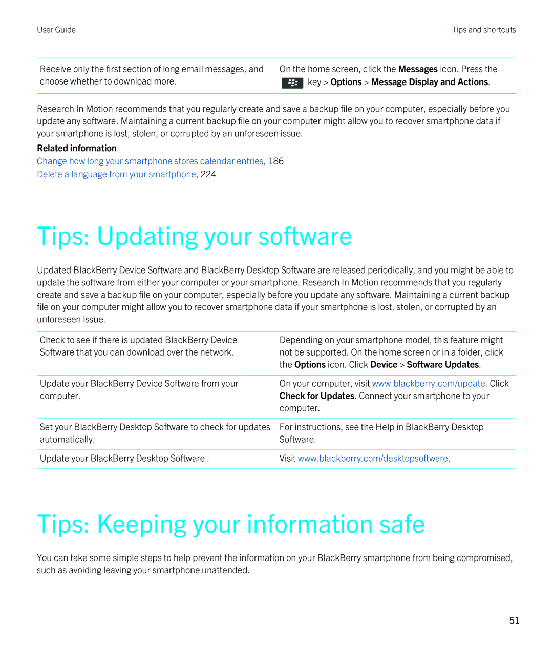 Blackberry 9790 Tips Updating your software, Tips Keeping your information safe, Key Options Message Display and Actions 