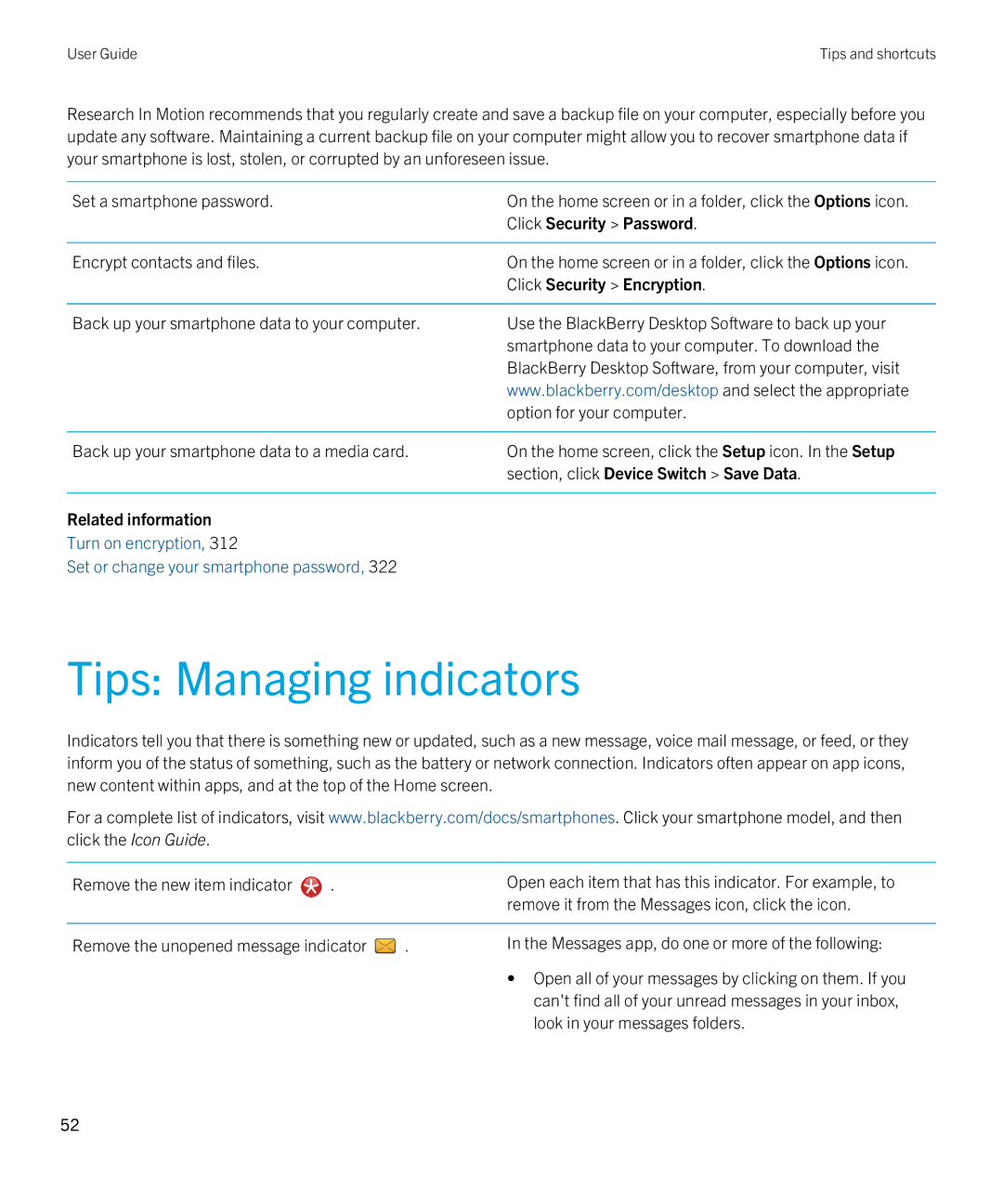 Blackberry 9790 manual Tips Managing indicators, Click Security Password 