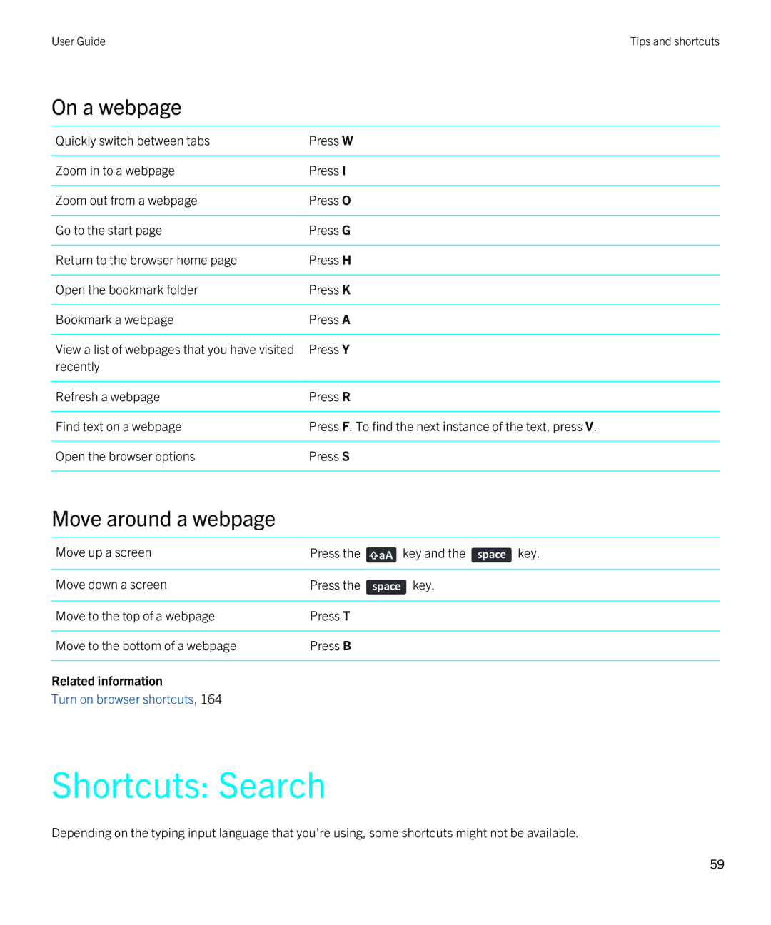 Blackberry 9790 manual Shortcuts Search, On a webpage, Move around a webpage 