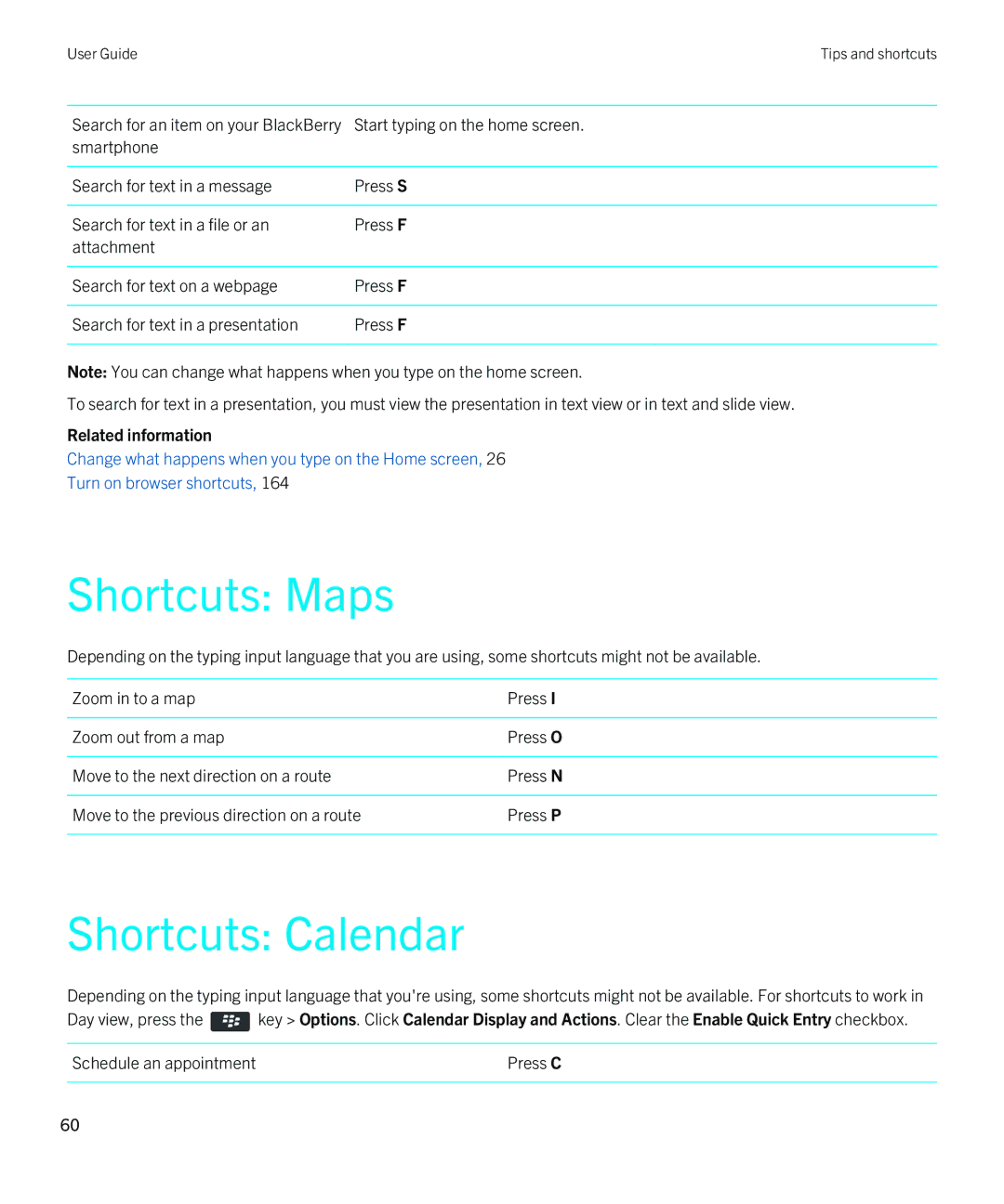 Blackberry 9790 manual Shortcuts Maps, Shortcuts Calendar 