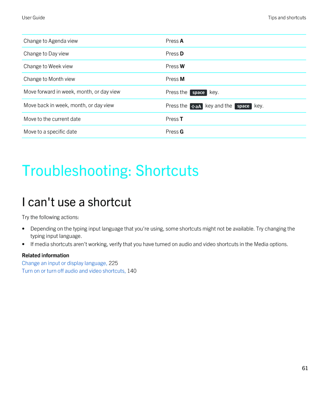 Blackberry 9790 manual Troubleshooting Shortcuts, Cant use a shortcut 