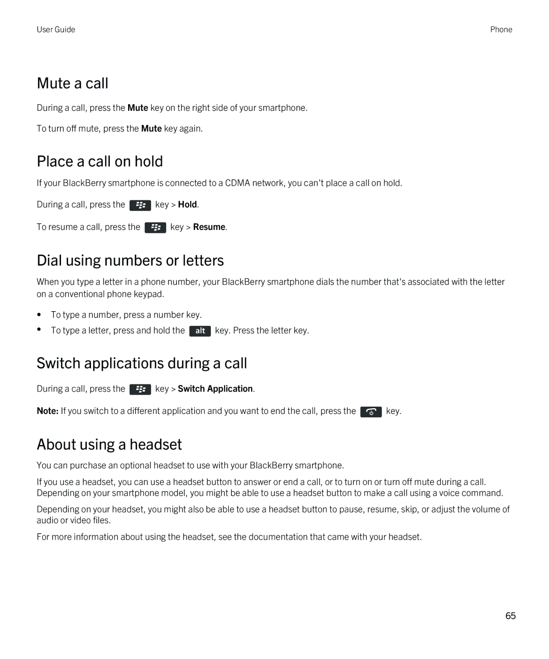 Blackberry 9790 manual Mute a call, Place a call on hold, Dial using numbers or letters, Switch applications during a call 