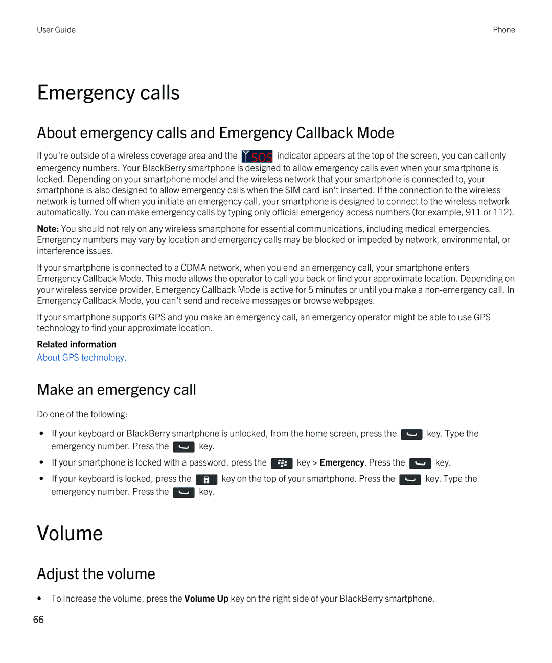 Blackberry 9790 manual Emergency calls, Volume, About emergency calls and Emergency Callback Mode, Make an emergency call 