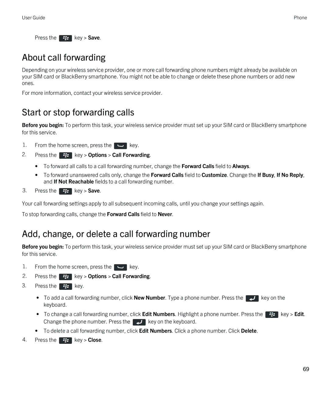 Blackberry 9790 About call forwarding, Start or stop forwarding calls, Add, change, or delete a call forwarding number 
